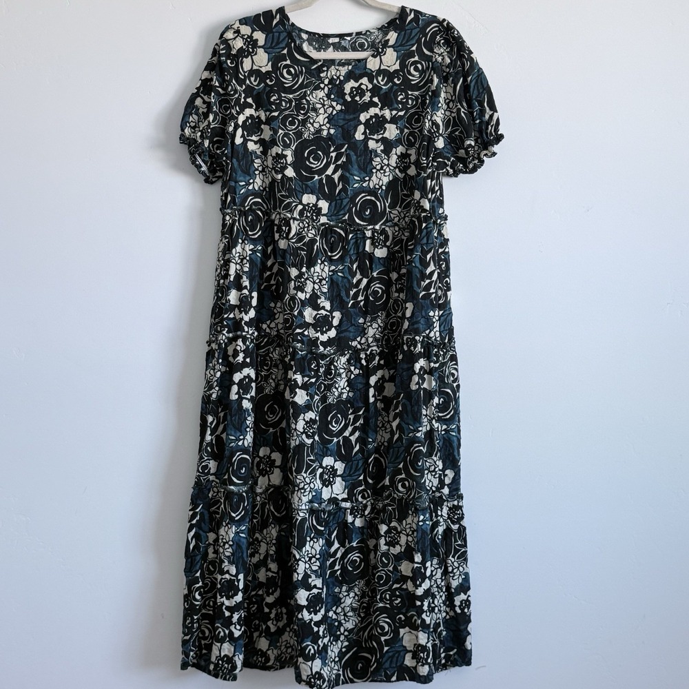 Dark‎ Floral Tiered Dress L/XL Cottage Garden Girl Scandi Comfort Modest